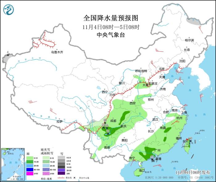全國降水量預(yù)報(bào)圖(11月4日08時(shí)-5日08時(shí))
