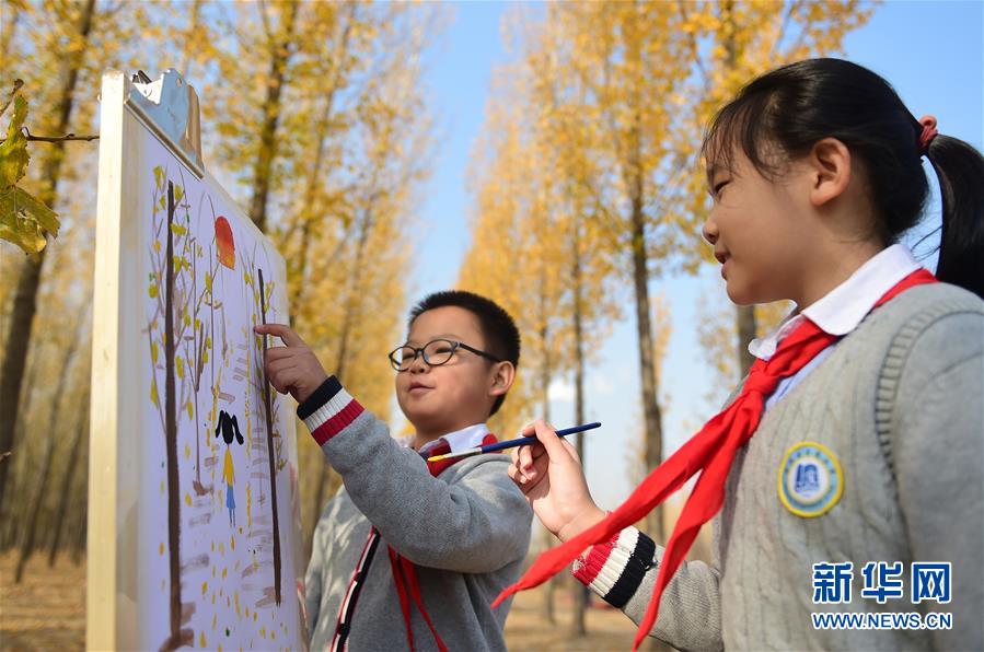 11月4日，滄州市實(shí)驗(yàn)小學(xué)學(xué)生在一處林地內(nèi)繪畫。 深秋時(shí)節(jié)，河北省滄州市實(shí)驗(yàn)小學(xué)美術(shù)興趣小組的學(xué)生在老師的帶領(lǐng)下走出教室，走進(jìn)大自然，以“多彩森林”為主題，用畫筆描繪斑斕秋色。 新華社發(fā)（傅新春 攝）