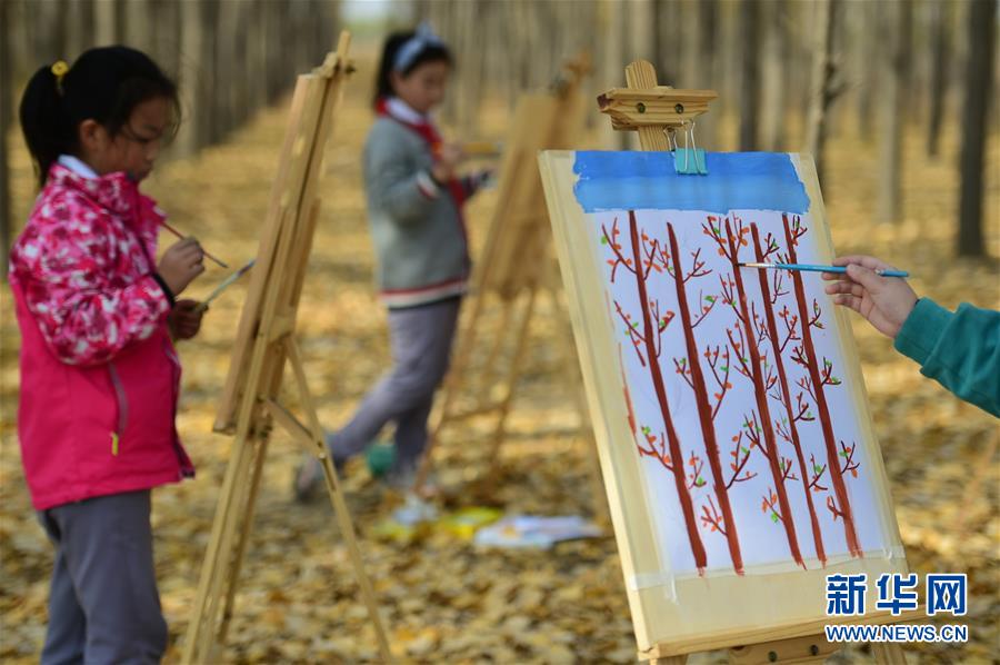 11月4日，滄州市實(shí)驗(yàn)小學(xué)學(xué)生在一處林地內(nèi)繪畫。 深秋時(shí)節(jié)，河北省滄州市實(shí)驗(yàn)小學(xué)美術(shù)興趣小組的學(xué)生在老師的帶領(lǐng)下走出教室，走進(jìn)大自然，以“多彩森林”為主題，用畫筆描繪斑斕秋色。 新華社發(fā)（傅新春 攝）
