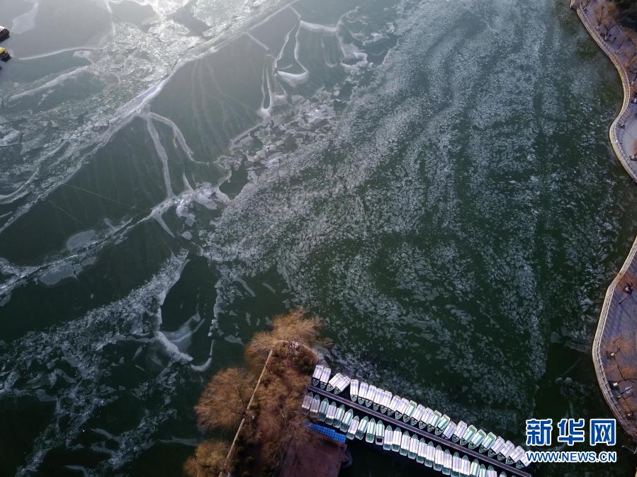1月11日拍攝的湖面結(jié)冰的大明湖（無(wú)人機(jī)照片）。日前，受持續(xù)低溫天氣影響，濟(jì)南大明湖湖面全部結(jié)冰。據(jù)介紹，由于有泉水注入，往年冬季大明湖只有湖岸附近水面結(jié)冰，全湖冰封比較罕見。新華社發(fā)